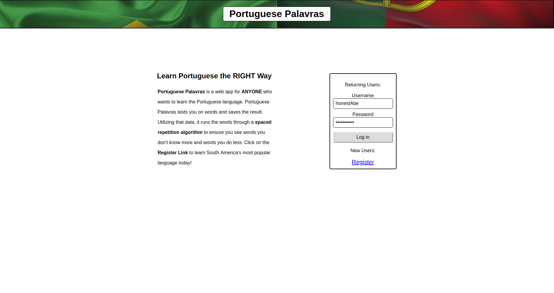 Portuguese Palavras, link to the website if clicked